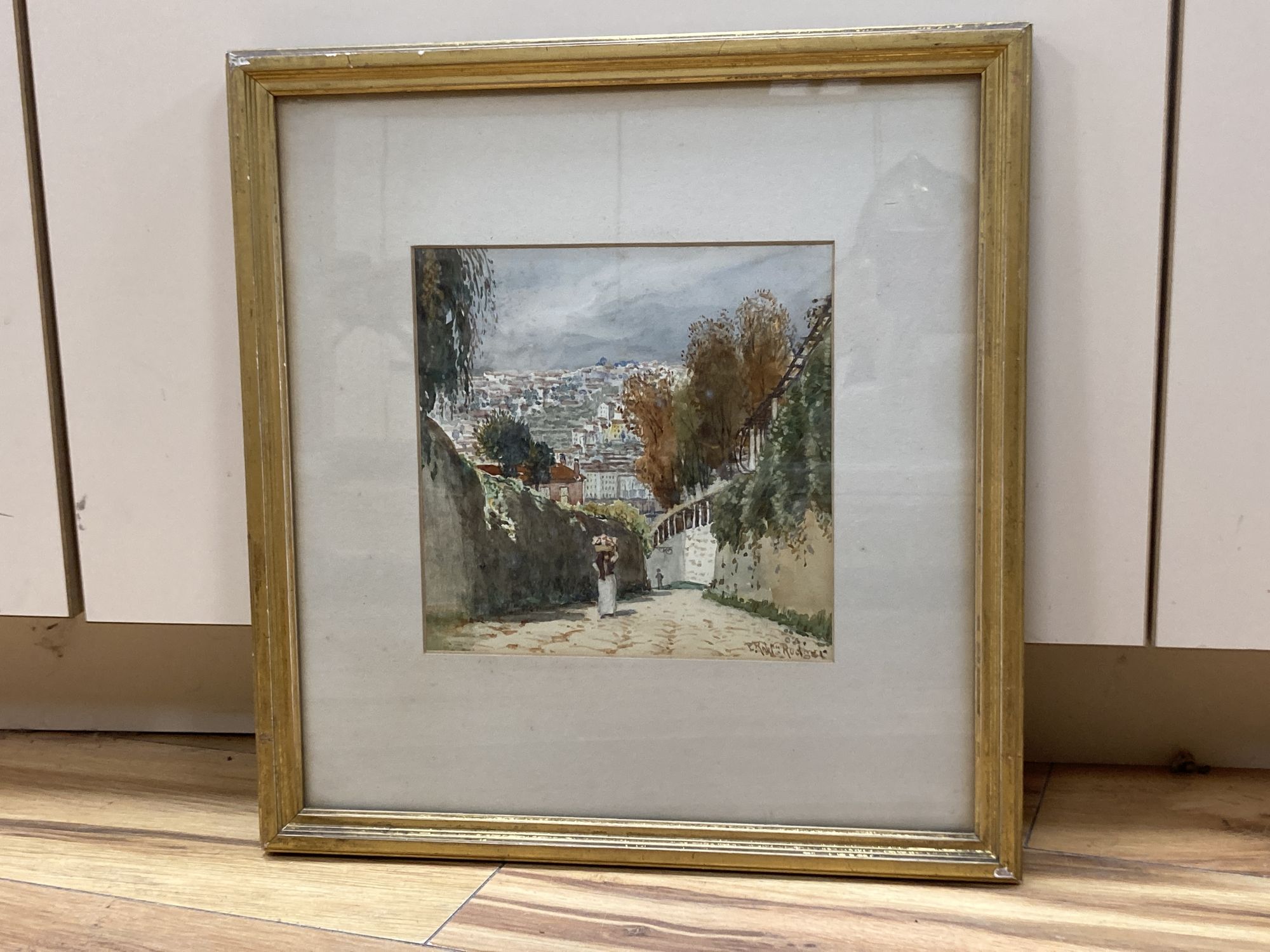 P. Robert Rodger, watercolour, Figures on a hillside lane overlooking a mediterranean town, signed, 18 x 18cm